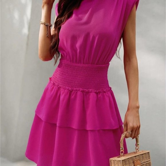 Mock Neck Shirred Waist Layered Hem Mini Dress Pink - Picture 8 of 8